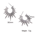 Detail view of silver sunburst earrings showing dimensions 30.5mm height and 7.2g weight - Steel