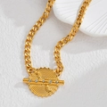18k gold plated chunky curb chain necklace with a crystal-encrusted spiral round pendant - Stainless Steel/Zirconia / Gold Concentric Zirconia Inlaid Necklace (N2173)
