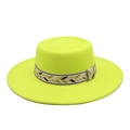 Detail of wool felt boater hat featuring a woven geometric patterned band and wide flat brim - M (56-58cm) / Neon Yellow