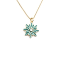 Detail of gold daisy necklace with turquoise enamel petals and a central clear gemstone - Green