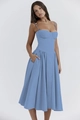 Detail view of a French vintage blue midi dress featuring corset bodice and side pocket - S / Light Blue