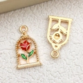 Golden alloy cage pendant with red rose flower and green leaves on white fabric - Red Rectangular Rose (12297)