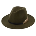 Detailed view of the gold leaf metal accent on a dark green wool fedora hat - Army Green