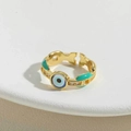 Golden evil eye ring with blue enamel and green accents in an adjustable open design - Green Enameled (JZ0388-7)