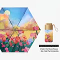 Paraguas plano plegable de seis secciones con diseño de Rosa bajo la Luna y protección UV - 19 Pulgadas 6 Varillas / Oro de Titanio-Rosa bajo la luna
