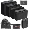 Black 9-piece travel organizer set with mesh packing cubes and drawstring laundry bags - Cosmetic Bag 9-Piece Set / Black