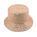 Close-up of leopard print bucket hat with silver metallic texture and wide brim - One Size / Coffee Leopard
