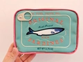 Detailed embroidery on turquoise sardine tin shaped cosmetic bag with pink trim edges - Light Blue and Rose Red