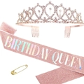 Rose gold Birthday Queen sash and rhinestone tiara set for women party celebration - Rose Gold Crown And Pink Birthday Queen Sash With Pin