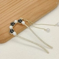 Épingle à cheveux dorée en U avec roses noires, perles blanches et pompon long - Épingle à Cheveux Cinq Camélias Noirs Perle Artificielle et Frange (46#)