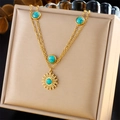 Vintage double layer stainless steel sunburst necklace with round turquoise stone - Gold Double Layer Sun Turquoise Style (N2719)
