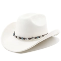 Détail d'un chapeau de cowboy blanc avec perles ethniques et médaillon argenté soleil - M (56-58cm) / Crème
