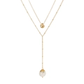 Détail du collier double doré avec pendentif pois et pierre de marbre blanc en Y - Pierre Naturelle Blanc Pur