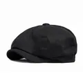Classic black cotton newsboy cap with an adjustable eight-panel vintage flat top design - Adjustable / Black