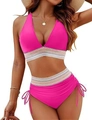 Deep V-neck bikini detail with colorful wavy knit trim and high waisted drawstring bottoms - S / Rose Red