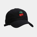 Detail of red cherry embroidery on black cotton twill baseball cap with soft top design - M (56-58cm) / Black