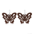 Detailed view of hollow butterfly-shaped wooden earrings with metal hooks on white background - Style 71
