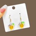 Traditional Chinese style orange fruit beaded earrings with white flower and green leaf - Yellow Ball Flower Green Leaf Hook Earrings(E4983)