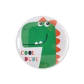 Detail of a green cartoon dinosaur tinplate badge featuring the COOL DUDE colorful text - 58mm One Size / Style 6-White Base Green Dinosaur (COOL DUDE)