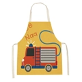 Detail of yellow linen kids apron featuring a cartoon fire truck print and neck strap - 47x38cm(Kids) / W-1374 Yellow Fire Truck