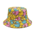 Fashionable yellow bucket hat with colorful cartoon duck print for sun protection - M (56-58cm) / Multi-color Duck (Double-sided Black)