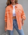 Detail view of orange denim jacket featuring distressed edges and ripped texture accents - 2XL / Tops / Orange