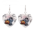 Detail view of heart-shaped Halloween earrings featuring mummy and pumpkin patterns - Heart Mummy Pumpkin Style (E000227)