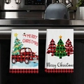 Christmas kitchen towels featuring red truck and trees with red plaid border hanging on stove - Red Truck and Snowman Style (MJBT66-65) / 2 Pieces/Pack (40*60cm)