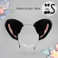 Handmade black faux fur cat ear headband with pink inner lining and plush tail set - One Size / Folded Ear Style - Black