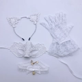 White lace Halloween cat set with lace mask headband gloves and bell choker - 015 White Set (Include Headband/Mask/Gloves/Choker)