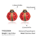 Detailed view of red enamel ladybug stud earrings in stainless steel with exact dimensions - Red Ladybug Style (YYE025004)