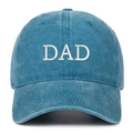 Close-up of the vintage washed blue cotton fabric and white DAD embroidery on the baseball cap - DAD Embroidery / Lake Blue