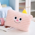 Cute pink plush hand warmer pillow with embroidered smiley face and striped detail - Pink