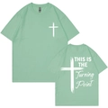 Mint green short sleeve T-shirt with white cross print and back typography artwork - Bean Green