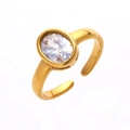 Gold plated stainless steel ring featuring a large oval bezel-set clear zircon crystal - Gold + White Zirconia