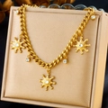 Golden chunky chain necklace with sun pendants and inlaid rhinestones for holiday style - Sun Starburst Rhinestone Style (N3129)