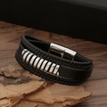 Detail of multi-layer woven black leather bracelet with silver metal bars on wood - Silver & Black