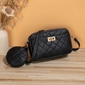 Black quilted crossbody camera bag set with gold lock and mini round purse charm - Black