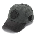 Detailed view of a washed charcoal baseball cap with 3D maple leaf embroidery - Dark Gray (#2)