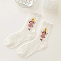 Calze a rete bianche con ricamo di bambina e fiori in stile dolce e fresco giapponese - Taglia unica / Rosa Elegante