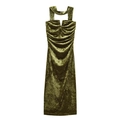 Moss green velvet halter midi dress with ruched details and a V-neckline on white background - XS / Olive Green