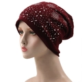 Detail of burgundy knit beanie featuring sparkling rhinestone star patterns on head model - 56-61cm / Burgundy