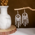 Ethnic silver-style peacock bell tassel earrings with hollow leaf design on wood branch - Silver Hollow Rhombus Tassel(E2875-04)
