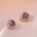 Rose gold clover stud earrings with purple heart crystals and zircon micro-pave - Rose Gold Earrings / Rose Gold