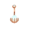 Rose gold navel ring with skull claw design holding white opal zircon stones - Style 33