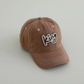 Detail of caramel brown kids baseball cap with white contrast stitching and KIGU embroidery - Letter KING / Orange