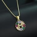 Gold-plated letter M necklace pendant with colorful zirconia gems on black background - Gold Plated Rainbow Zirconia Letter M