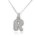 Detail of silver letter R pendant with micro-pave zircons and delicate box chain - Letter R (DX34-R)