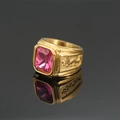 Golden dragon ring with rectangle pink gemstone and intricate side relief carvings - US 7 / Gold Pink