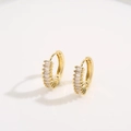Elegant 18K gold-plated hoop earrings with rectangular baguette zircons on white background - White Zirconia